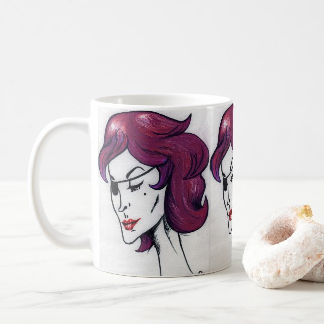 Violet Pirate Lady Purple Hair Woman Drawing Art Coffee Mug (With Donut)