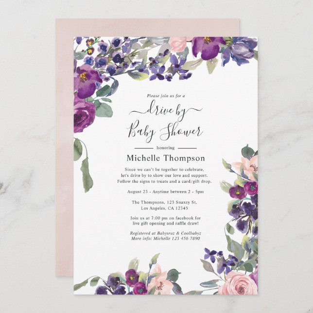 Violet, Plum and Blush Drive By Shower Invitation (Front/Back)