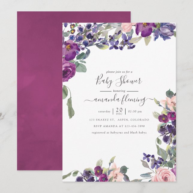 Violet, Plum and Blush Floral Baby Shower Invitation (Front/Back)