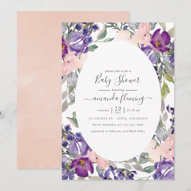Violet, Plum and Blush Floral Baby Shower Invitation (Front/Back)