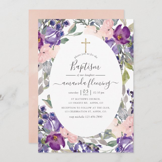 Violet, Plum and Blush Floral Baptism Invitation (Front/Back)