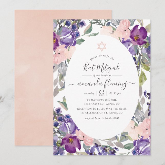 Violet, Plum and Blush Floral Bat Mitzvah Invitation (Front/Back)