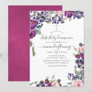 Violet, Plum and Blush Floral First Holy Communion Invitation