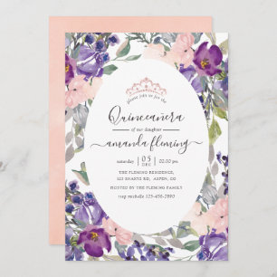 Violet, Plum and Blush Floral Quinceañera Invitation