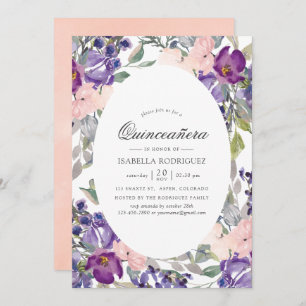 Violet, Plum and Blush Floral Quinceañera Invitation