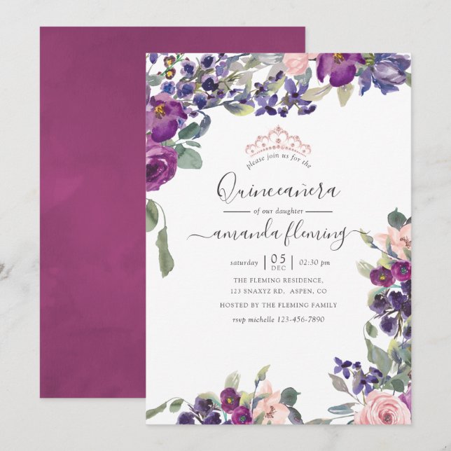Violet, Plum and Blush Floral Quinceañera Invitation (Front/Back)