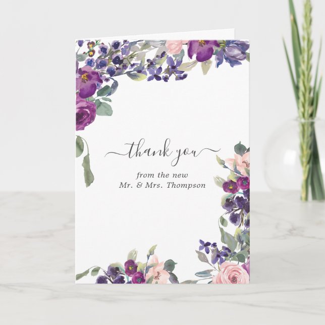 Violet, Plum and Blush Floral Wedding Photo Thank You Card (Front)