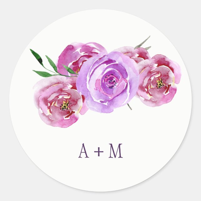 Violet plum blush peonies bouquet wedding monogram classic round sticker (Front)