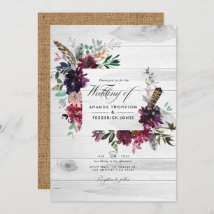 Violet Plum Floral QR Code RSVP Bohemian Wedding Invitation