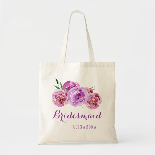 Violet plum purple bouquet wedding bridesmaid tote bag (Front)