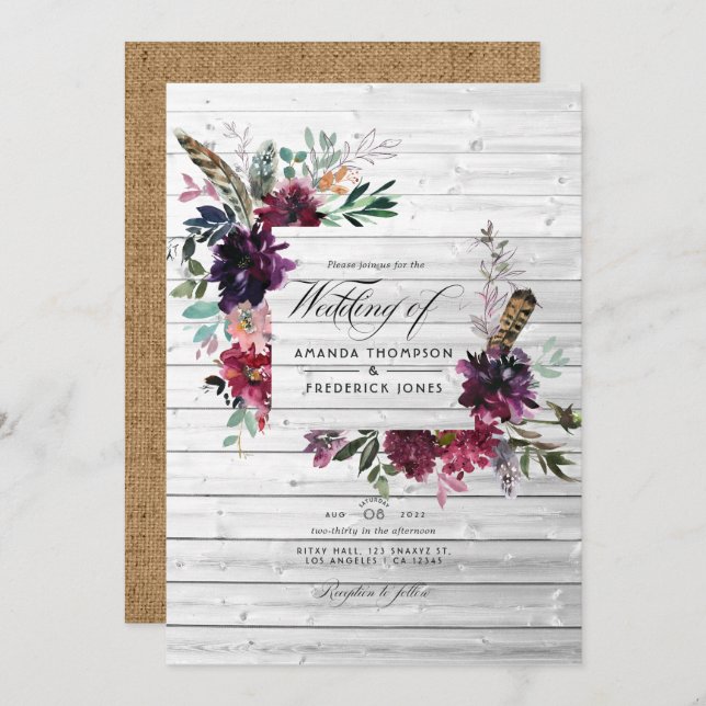 Violet Plum Watercolor Floral Bohemian Wedding Invitation (Front/Back)