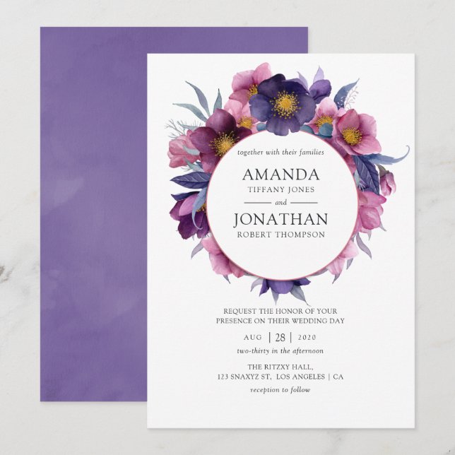 Violet Plum Watercolor Floral Wedding Invitation (Front/Back)