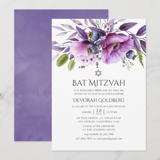 Violet Poppy Floral Bat Mitzvah Invitation (Front/Back)