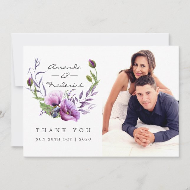 Violet Poppy Floral Wedding Thank You photo (Front)