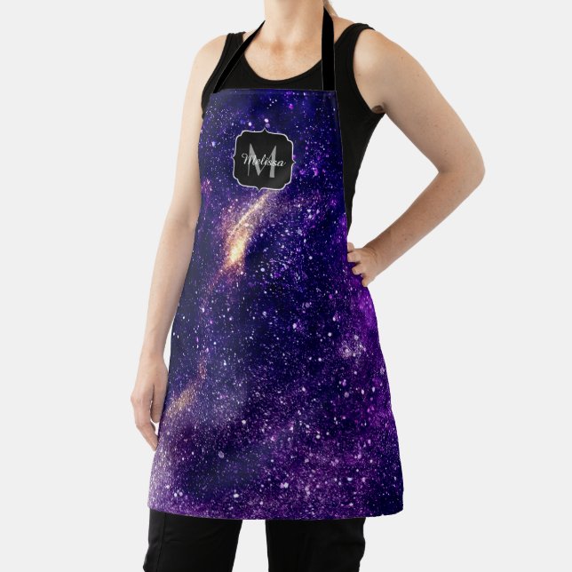 Violet purple abstract galaxy Custom Monogram Apron (Insitu)