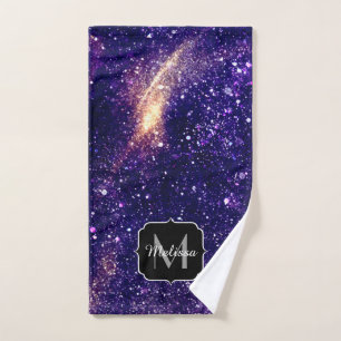 Violet purple abstract galaxy Custom Monogram Bath Towel Set