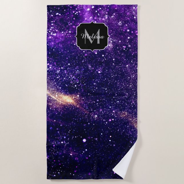 Violet purple abstract galaxy Custom Monogram Beach Towel (Front)