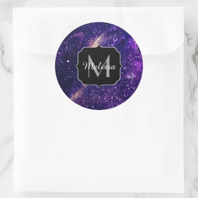 Violet purple abstract galaxy Custom Monogram Classic Round Sticker (Bag)