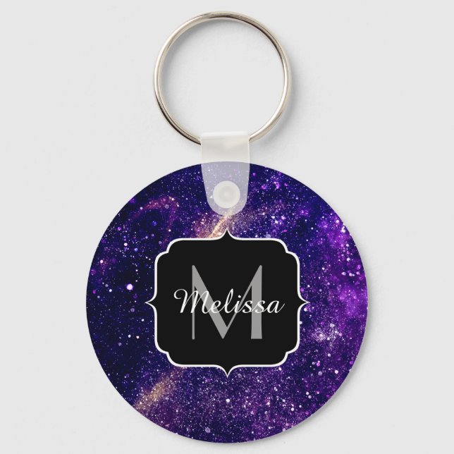 Violet purple abstract galaxy Custom Monogram Key Ring (Front)