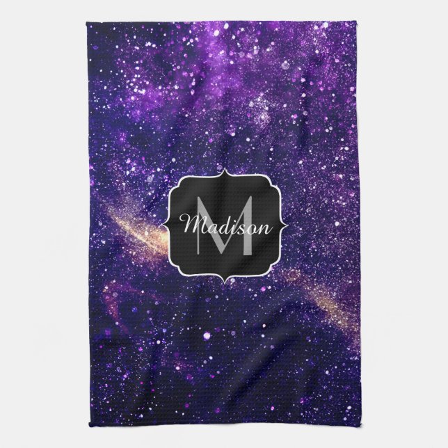 Violet purple abstract galaxy Custom Monogram Tea Towel (Vertical)