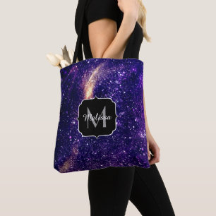 Violet purple abstract galaxy Custom Monogram Tote Bag