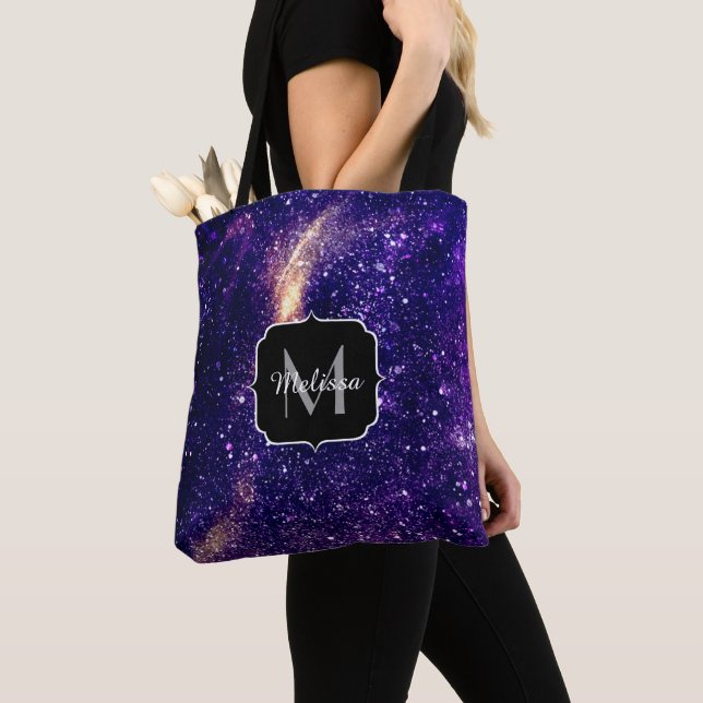 Violet purple abstract galaxy Custom Monogram Tote Bag (Close Up)