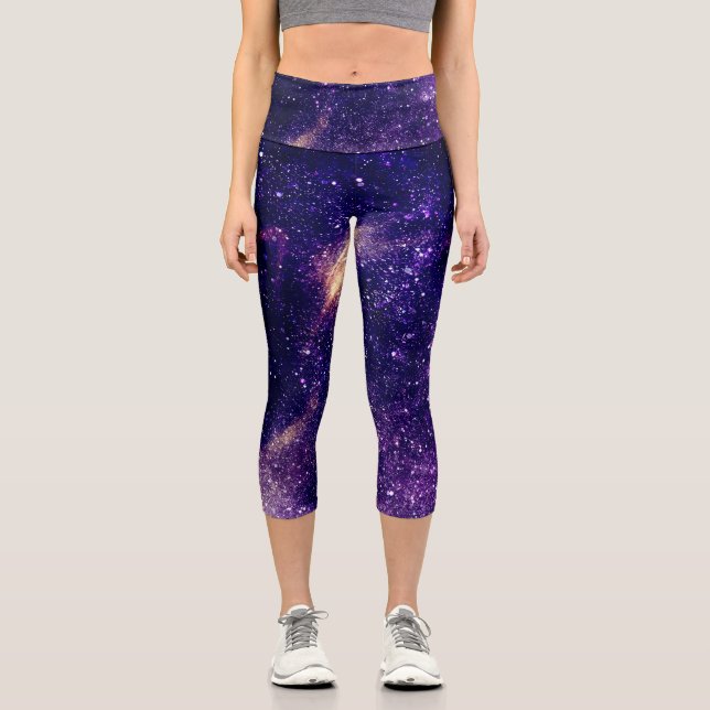 Violet purple abstract galaxy universe capri leggings (Front)