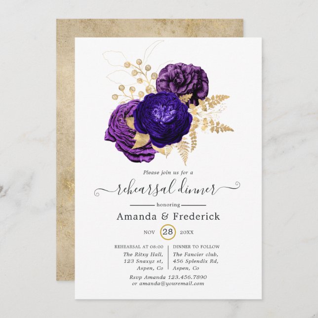 Violet, Purple and Gold Floral Rehearsal Dinner Invitation (Front/Back)