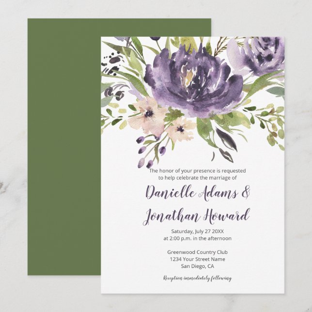 Violet Purple and Green Watercolor Floral Wedding Invitation (Front/Back)