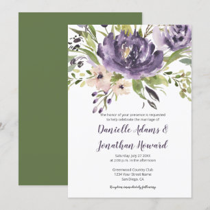 Violet Purple and Green Watercolor Floral Wedding Invitation