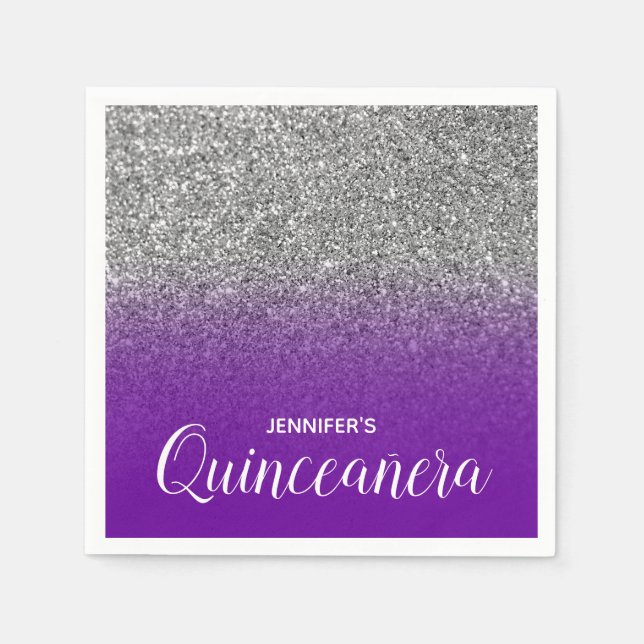 Violet Purple and Silver Glitter Ombre Quinceanera Napkin (Front)