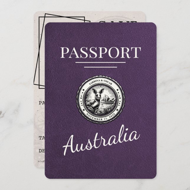 Violet Purple Australia Passport Save The Date (Front/Back)