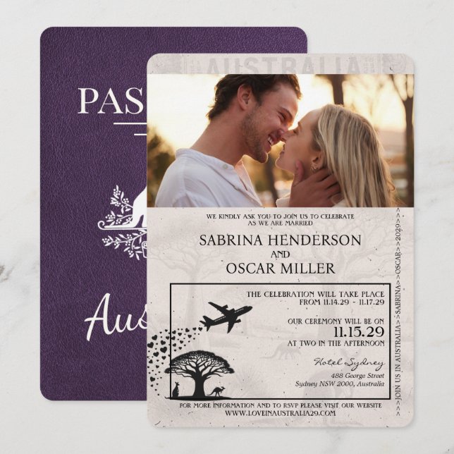 Violet Purple Australia Passport Wedding Invitation (Front/Back)