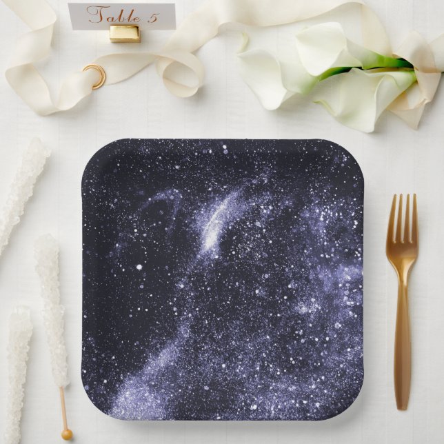 Violet purple black abstract galaxy paper plate (Wedding)