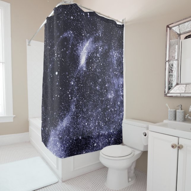 Violet purple black abstract galaxy shower curtain (In Situ)