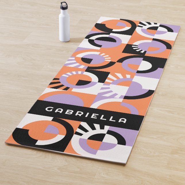 Violet Purple Black Orange Midcentury Art Pattern Yoga Mat (In Situ)