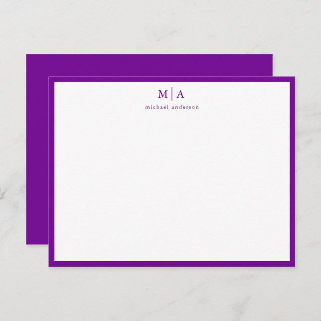 Violet Purple Border Monogram Correspondence Card (Front/Back)