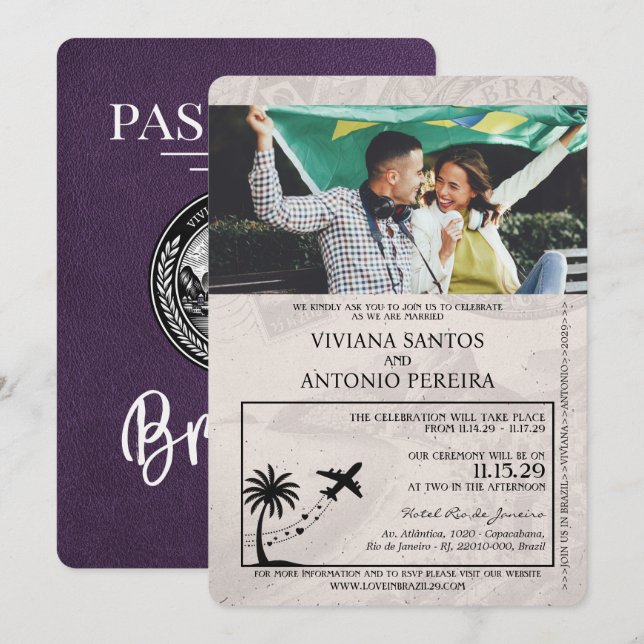 Violet Purple Brazil Passport Wedding Invitation (Front/Back)