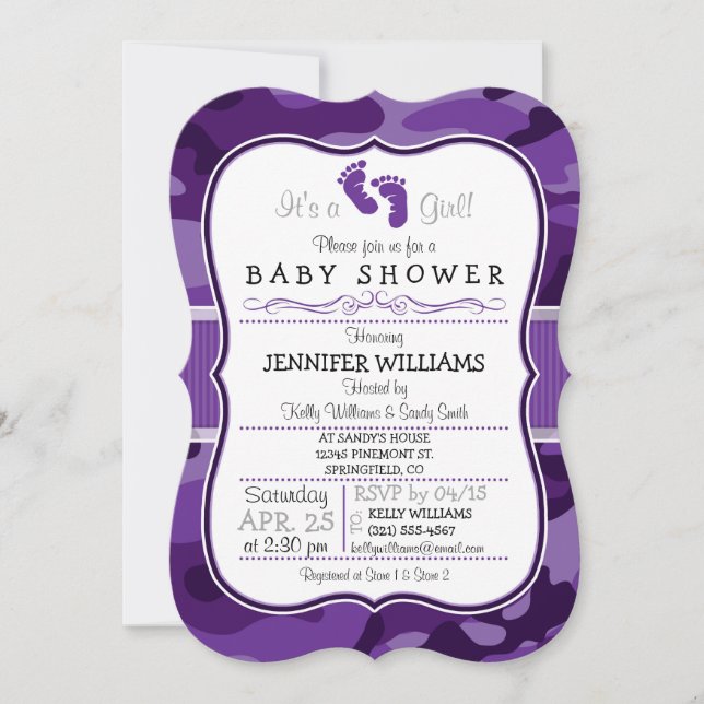 Violet Purple Camo, Camouflage Baby Shower Invitation (Front)