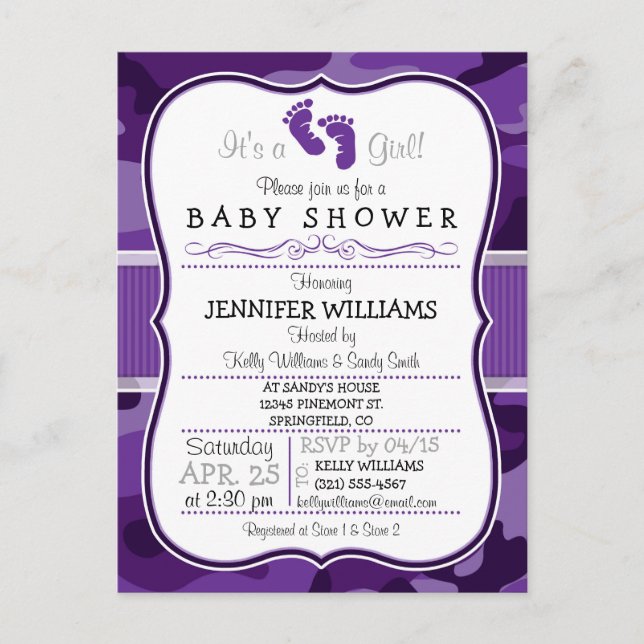 Violet Purple Camo, Camouflage Baby Shower Invitation Postcard (Front)