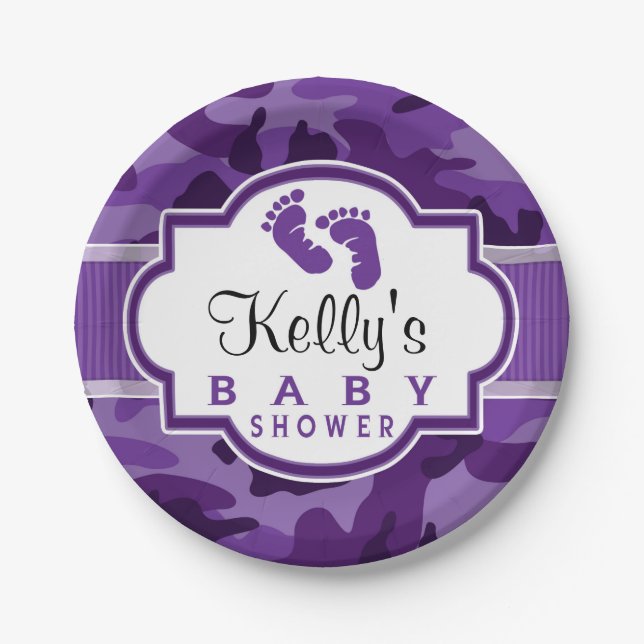 Violet Purple Camo, Camouflage Baby Shower Paper Plate (Front)