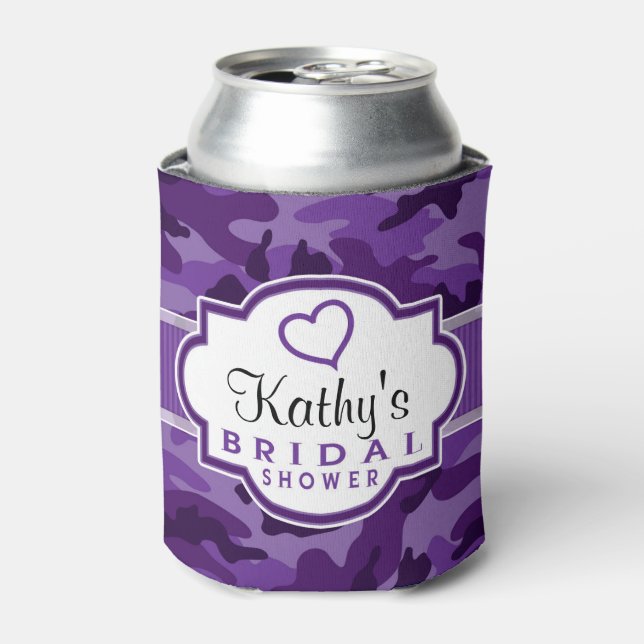 Violet Purple Camo, Camouflage Bridal Shower Can Cooler (Can Front)