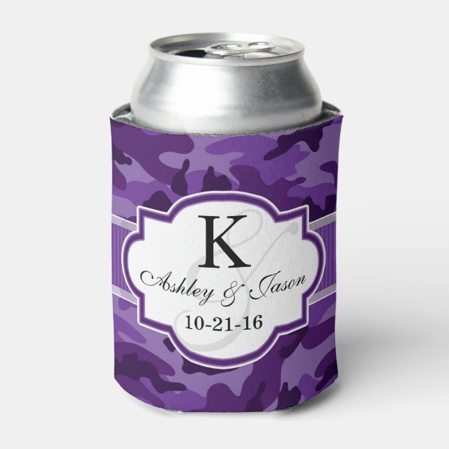 Violet Purple Camo, Camouflage Wedding Can Cooler (Can Front)
