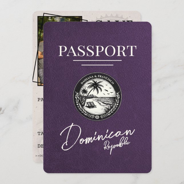 Violet Purple Dominican Republic Passport Save The Date (Front/Back)