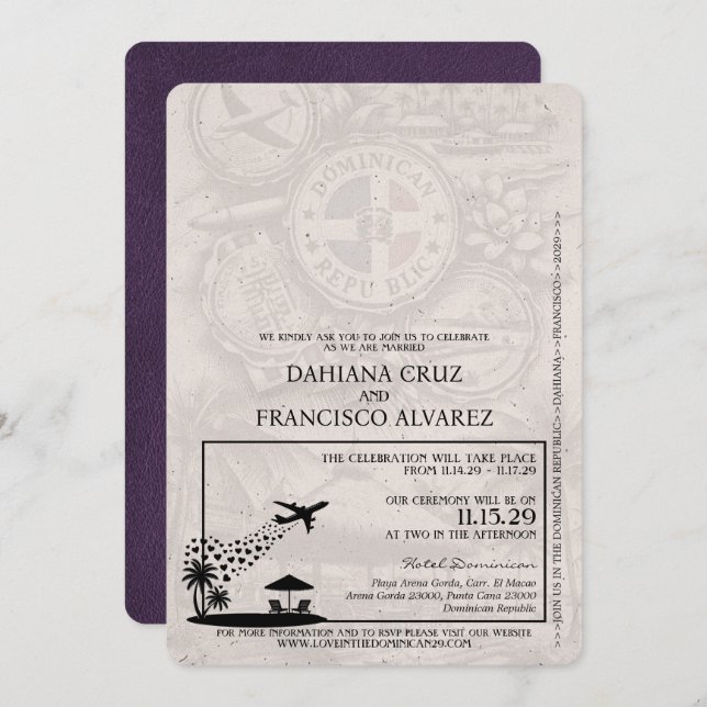 Violet Purple Dominican Republic Passport Wedding Invitation (Front/Back)