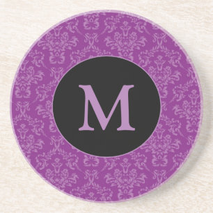 Violet Purple Elegant Vintage Damask Monogram Coaster