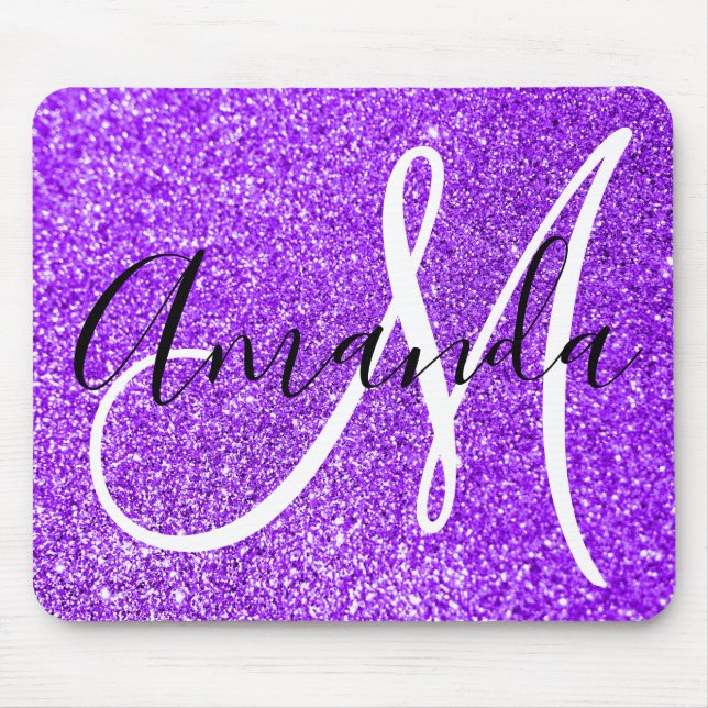 Violet Purple Faux Glitter Personalised Monogram Mouse Mat (Front)