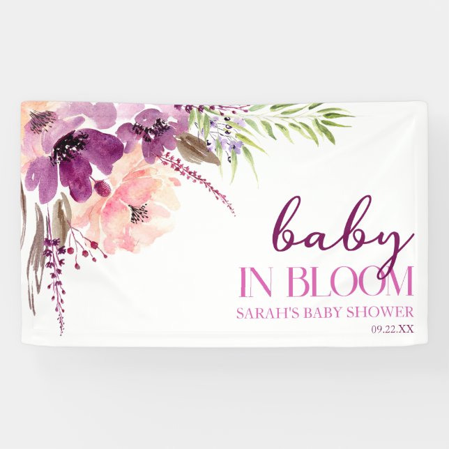 Violet Purple Floral Baby In Bloom Baby Shower Banner (Horizontal)
