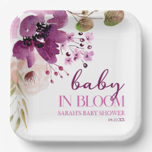Violet Purple Floral Baby In Bloom Baby Shower Paper Plate