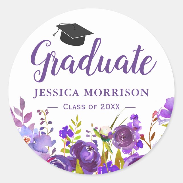 Violet Purple Floral Graduate Graduation Favour Classic Round Sticker (Front)